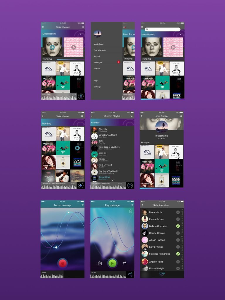 Share A Radio UI screens — music, playlist, and profile