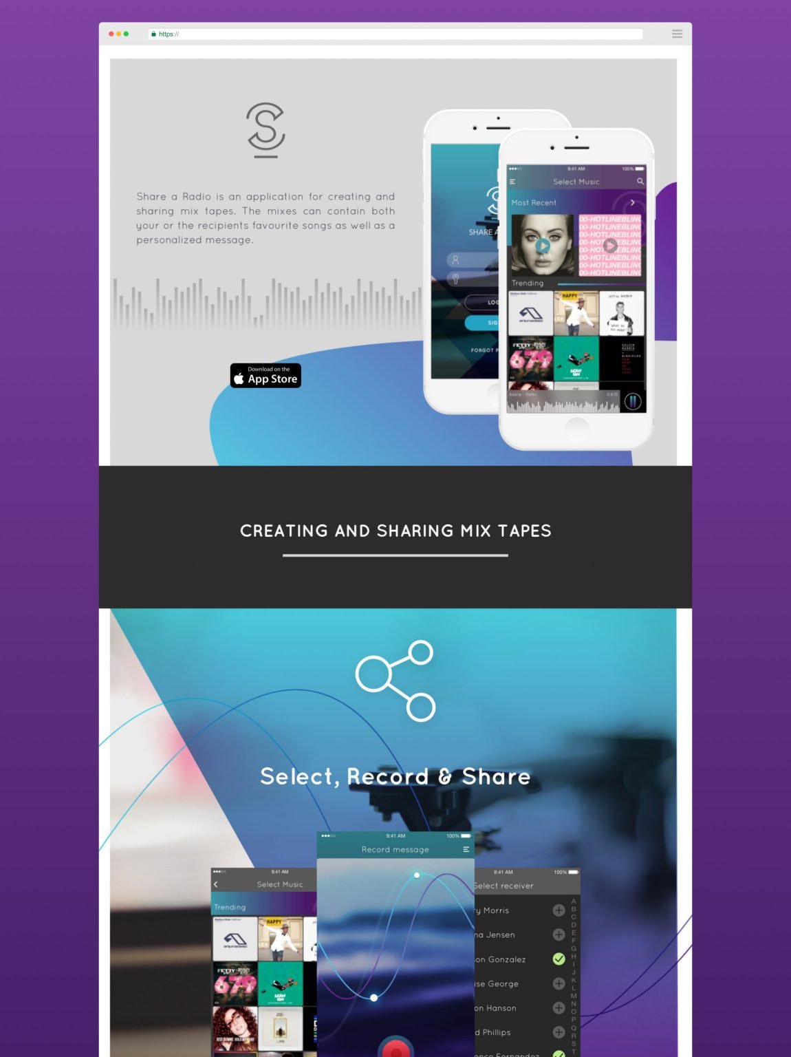Share A Radio UI screens — record, play, and share