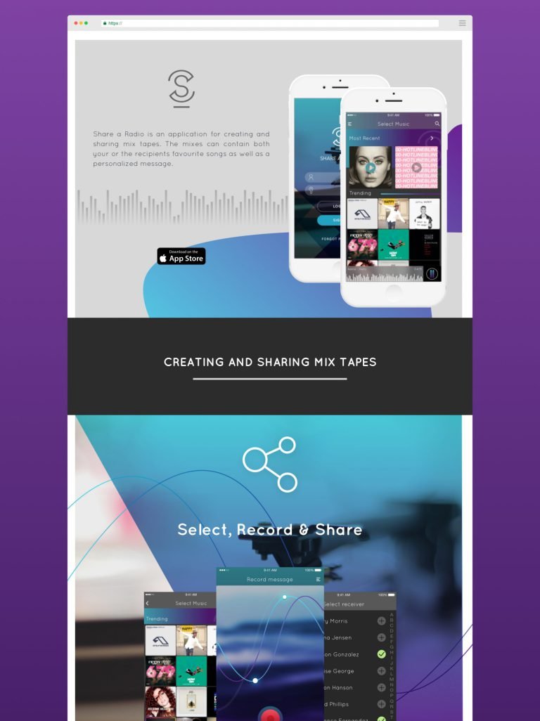 Share A Radio UI screens — record, play, and share